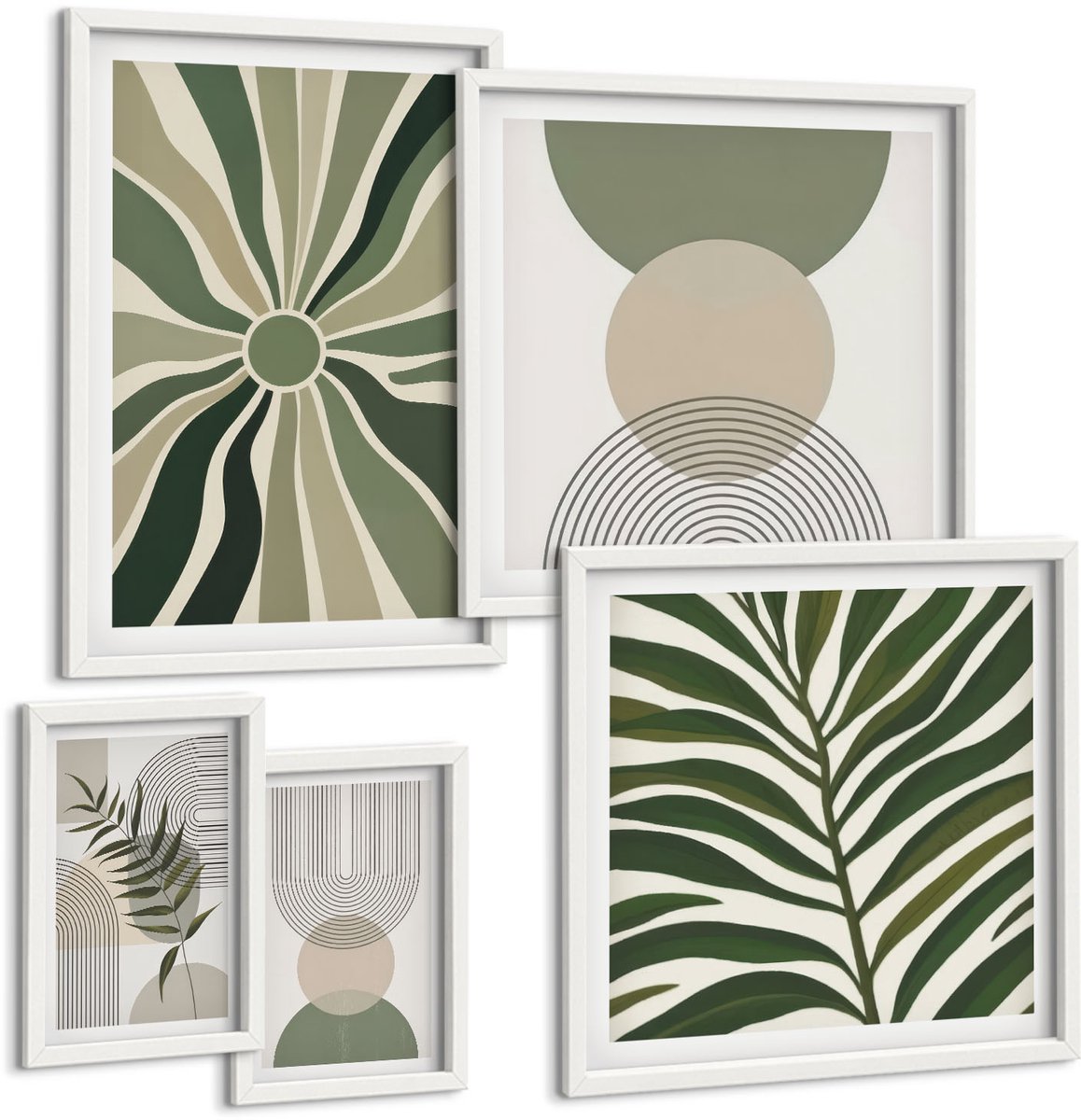 Coloray 5-Delige Schilderij Set - Stijlvolle Afbeeldingen In Groene Tinten Met Plantaardige En Geometrische Motieven. - 50 x 50 cm, 20 x 30 cm En 40 x 60 cm - Decoratieve Schilderijen - Woonkamer - Interieur - Wanddecoratie