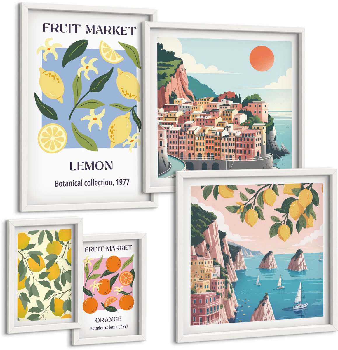 Coloray 5-Delige Schilderij Set - Fruitmotieven En Landschappen In Vintage Stijl - 50 x 50 cm, 20 x 30 cm En 40 x 60 cm - Wanddecoratie - Muurdecoratie - Woonkamer - Woonkamer Decoratie