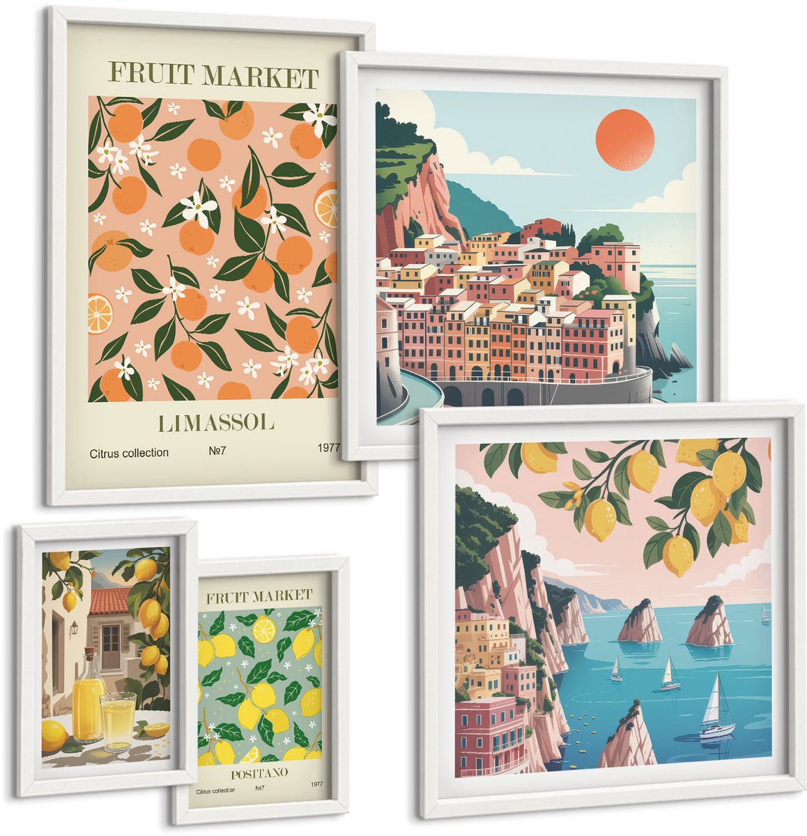 Coloray 5-Delige Schilderij Set - Fruitmarkten En Pittoreske Kustlandschappen - 50 x 50 cm, 20 x 30 cm En 40 x 60 cm - Stijlvolle Muurdecoratie - Slaapkamer - Wanddecoratie