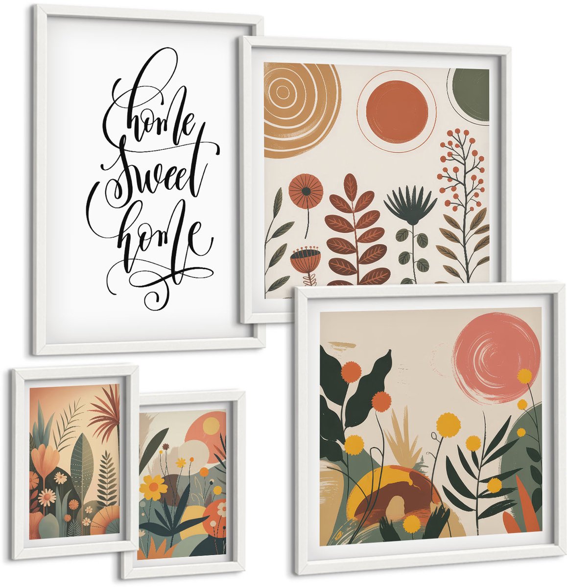 Coloray 5-Delige Schilderij Set - Stijlvolle Decoraties Met Plantmotieven En Opschriften. - 50 x 50 cm, 20 x 30 cm En 40 x 60 cm - Schilderijen Set - Wanddecoratie - Woonkamer