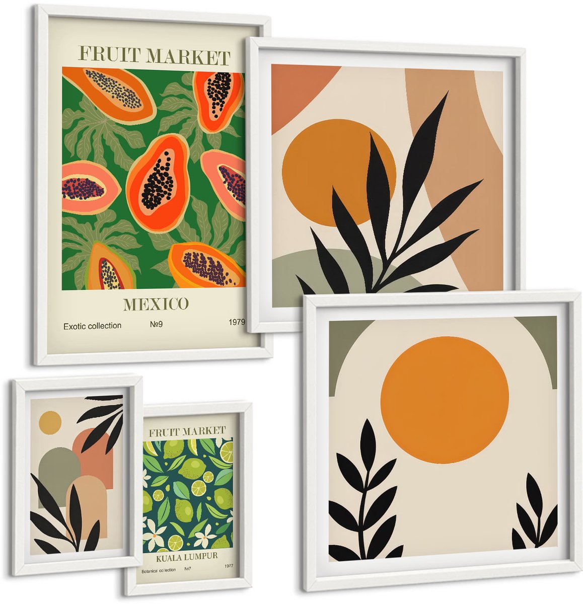 Coloray 5-Delige Schilderij Set - Tropische Vruchten In Retrostijl Met Exotische Motieven - 50 x 50 cm, 20 x 30 cm En 40 x 60 cm - Decoratieve Schilderijen - Woonkamer - Interieur - Interieur Decoratie