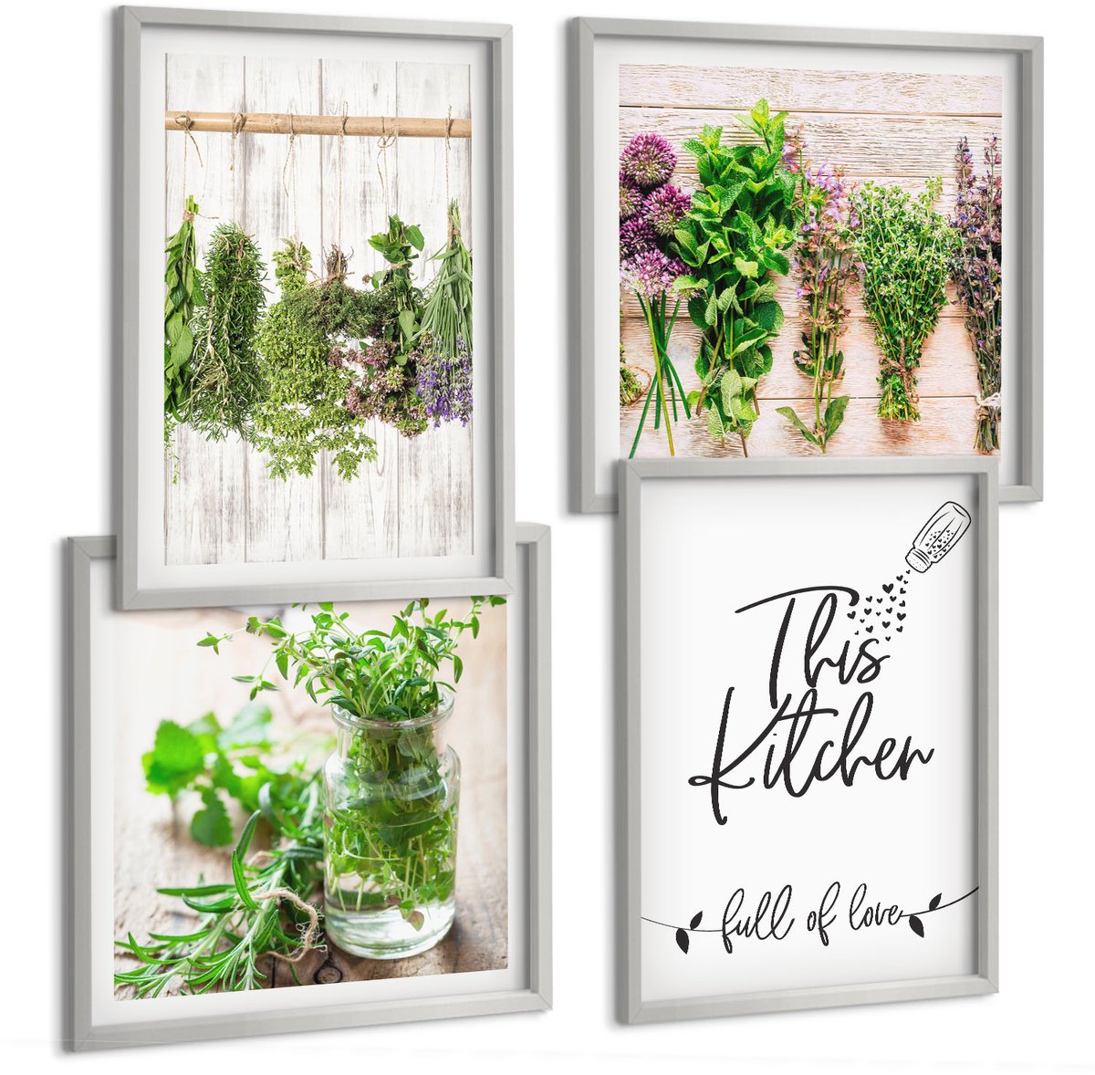 Coloray 4-Delige Schilderij Set - Kruiden En Planten Drogen Voor In De Keuken - 40 x 40 cm En 40 x 60 cm - Decoratieve Schilderijen - Wanddecoratie - Hal - Moderne Wanddecoratie