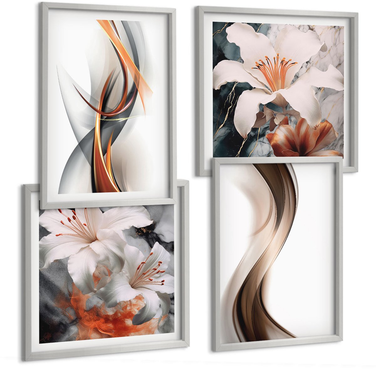 Coloray 4-Delige Schilderij Set - Golven In Tinten Geel, Grijs En Bruin. - 40 x 40 cm En 40 x 60 cm - Wanddecoratie - Schilderijen Set - Interieur - Moderne Wanddecoratie