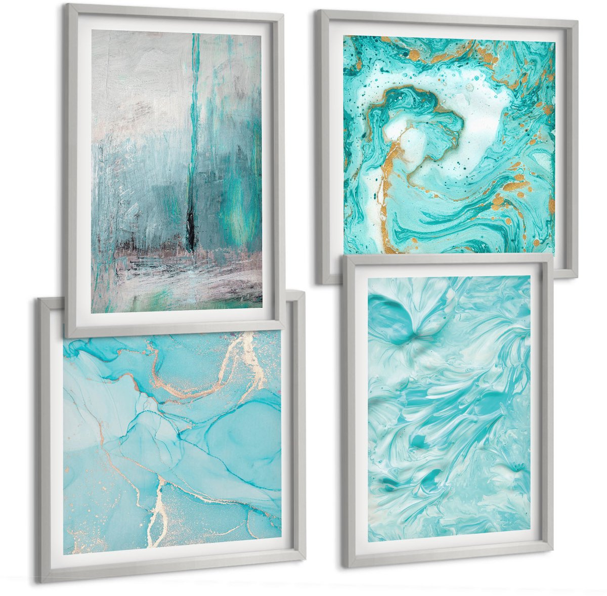 Coloray 4-Delige Schilderij Set - Verschillende Blauwtinten In Delicate Abstracte Patronen - 40 x 40 cm En 40 x 60 cm - Moderne Wanddecoratie - Woonkamer