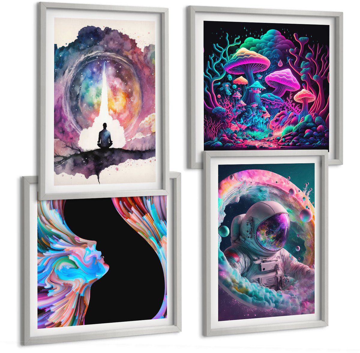 Coloray 4-Delige Schilderij Set - Kleurrijke Fantasiekunstillustraties - 40 x 40 cm En 40 x 60 cm - Moderne Wanddecoratie - Slaapkamer - Decoratieve Schilderijen