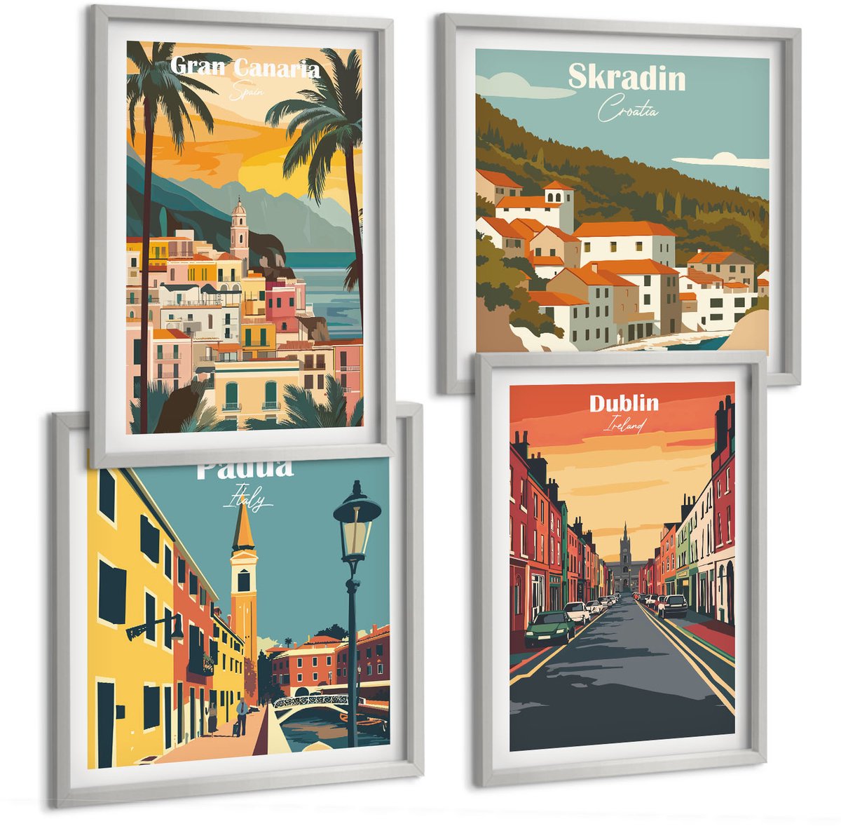 Coloray 4-Delige Schilderij Set - Stads- En Natuurlandschappen In Warme Kleuren - 40 x 40 cm En 40 x 60 cm - Stijlvolle Muurdecoratie - Kantoor - Moderne Wanddecoratie