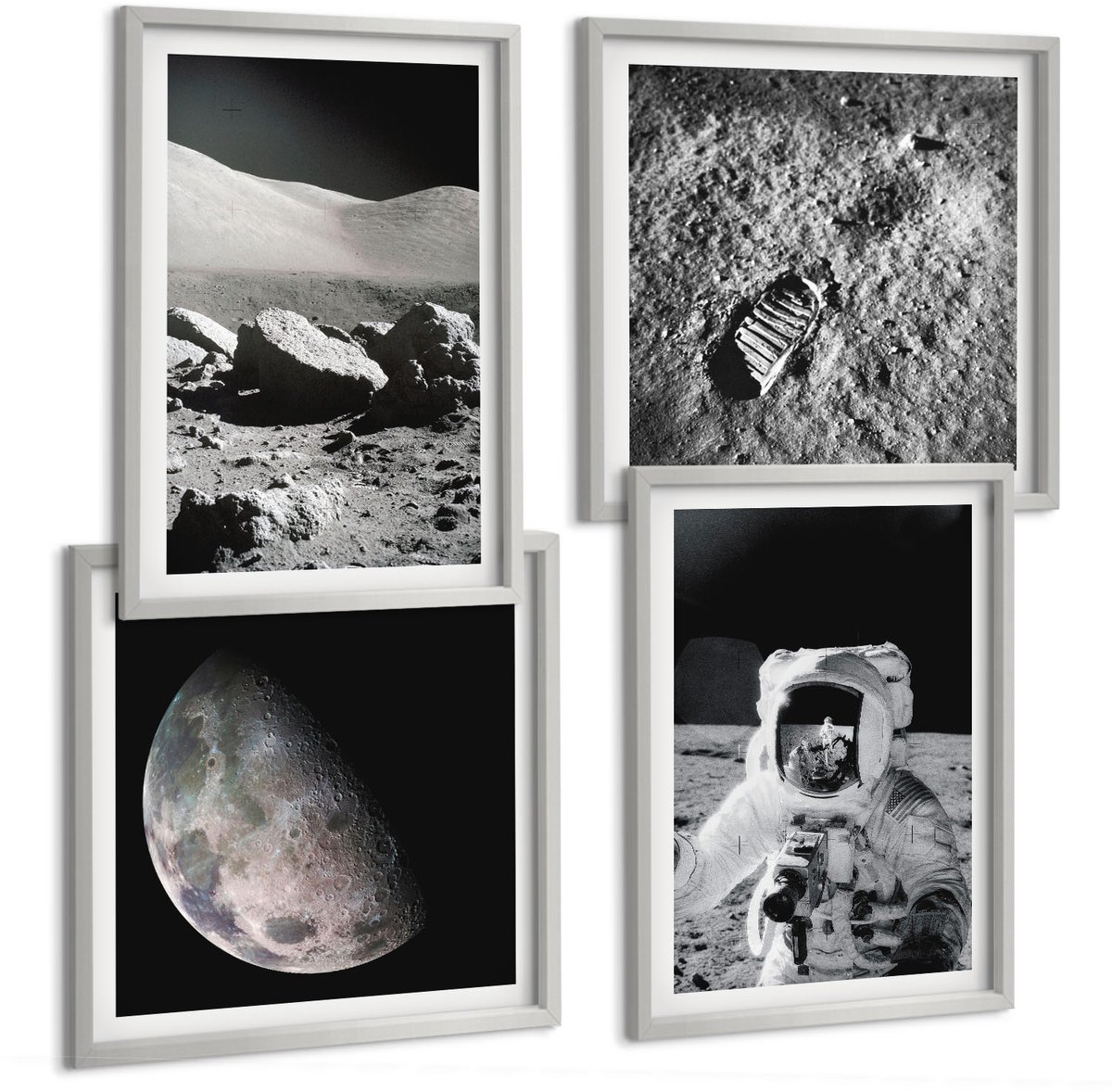 Coloray 4-Delige Schilderij Set - Maanfoto'S Met Astronaut En Voetafdruk - 40 x 40 cm En 40 x 60 cm - Decoratieve Schilderijen - Wanddecoratie - Hal - Woonkamer Decoratie