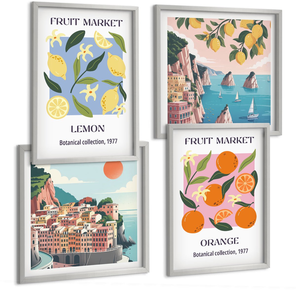 Coloray 4-Delige Schilderij Set - Fruitposters Met Citroenen, Sinaasappels En Italiaanse Landschappen. - 40 x 40 cm En 40 x 60 cm - Wanddecoratie - Schilderijen Set - Kantoor