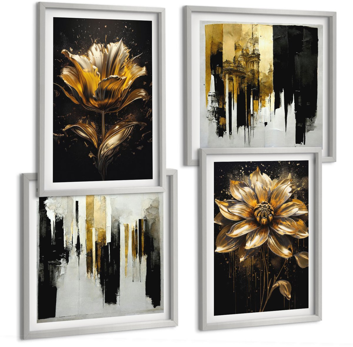 Coloray 4-Delige Schilderij Set - Stijlvolle Bloemen, Abstract, Modern - 40 x 40 cm En 40 x 60 cm - Muurdecoratie - Schilderijen Set - Woonkamer - Stijlvolle Muurdecoratie