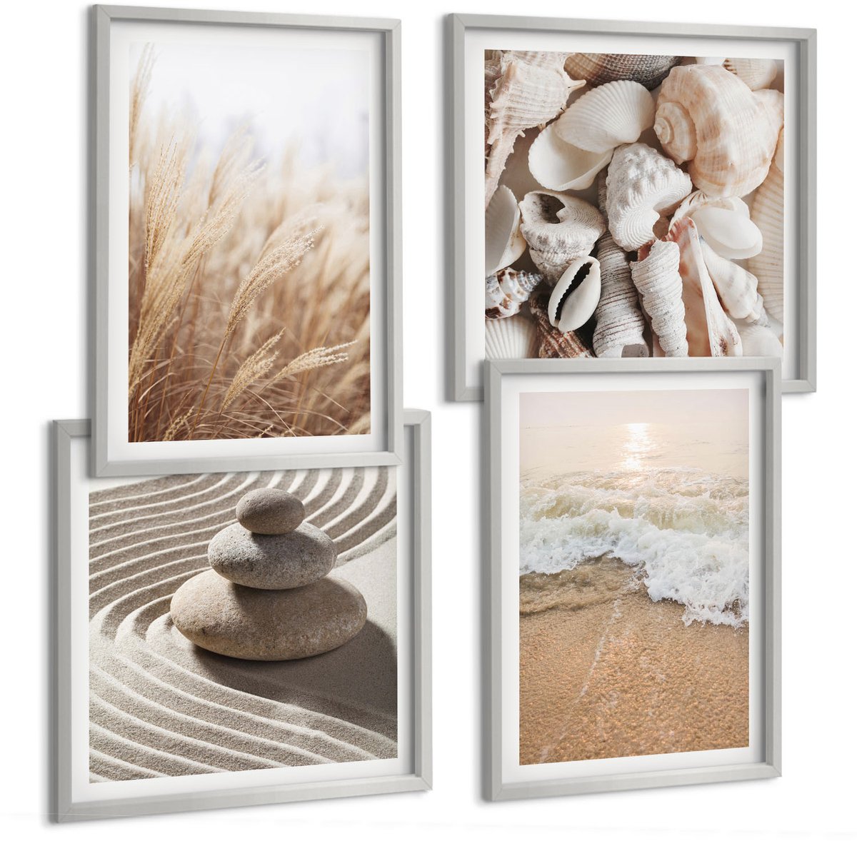 Coloray 4-Delige Schilderij Set - Strandthema Met Schelpen En Zeegolven - 40 x 40 cm En 40 x 60 cm - Wanddecoratie - Muurdecoratie - Woonkamer