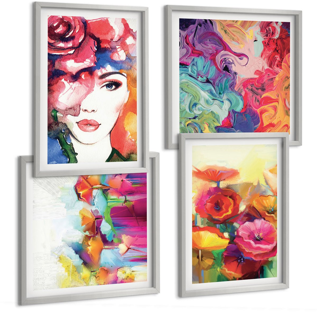 Coloray 4-Delige Schilderij Set - Bloemen In Intense Kleuren Portret Van Een Vrouw Abstract - 40 x 40 cm En 40 x 60 cm - Moderne Wanddecoratie - Slaapkamer - Interieur Decoratie
