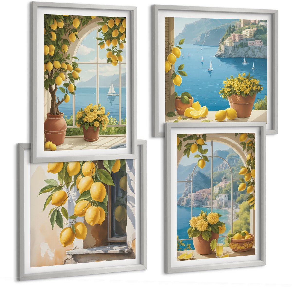 Coloray 4-Delige Schilderij Set - Zeegezichten Met Italiaanse Citroenen In De Ramen. - 40 x 40 cm En 40 x 60 cm - Moderne Wanddecoratie - Slaapkamer
