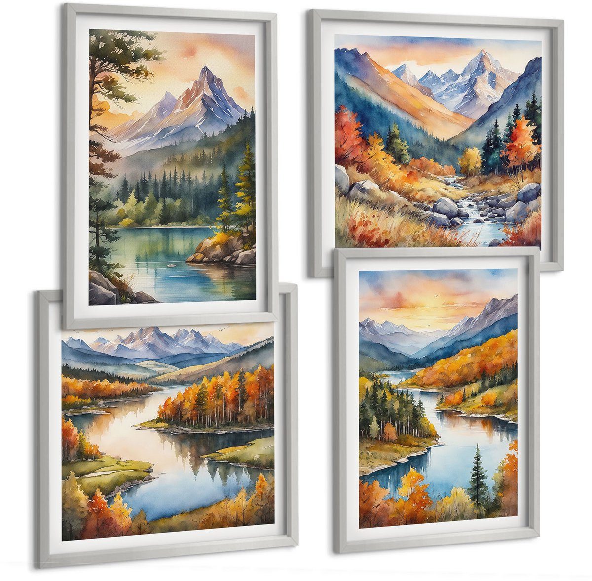 Coloray 4-Delige Schilderij Set - Berglandschappen Met Een Rivier En Kleurrijke Bomen - 40 x 40 cm En 40 x 60 cm - Stijlvolle Muurdecoratie - Slaapkamer - Moderne Wanddecoratie