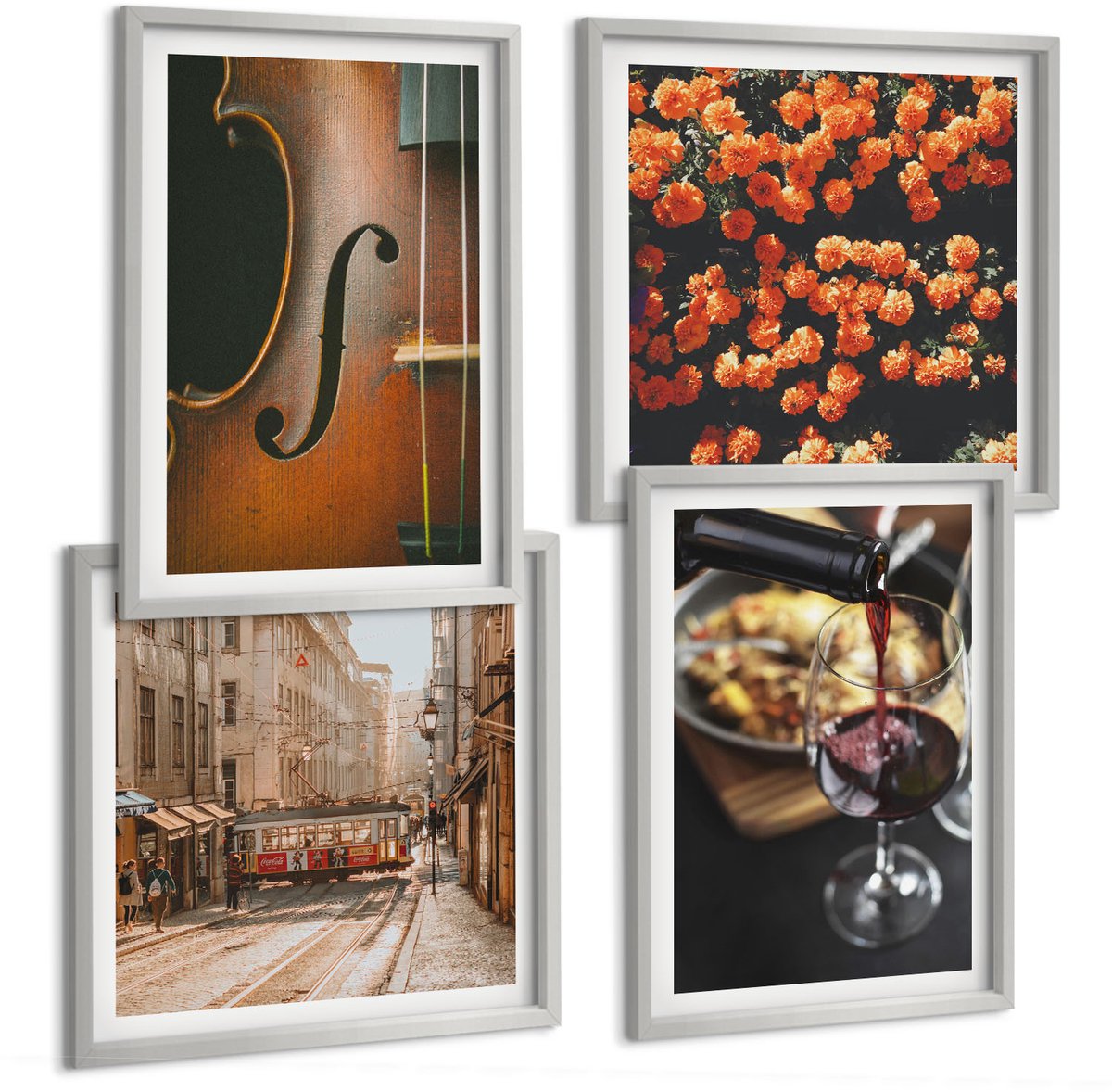 Coloray 4-Delige Schilderij Set - Vintage Romantische Bloemenstraat, Wijn En Viool - 40 x 40 cm En 40 x 60 cm - Wanddecoratie - Muurdecoratie - Woonkamer - Decoratieve Schilderijen