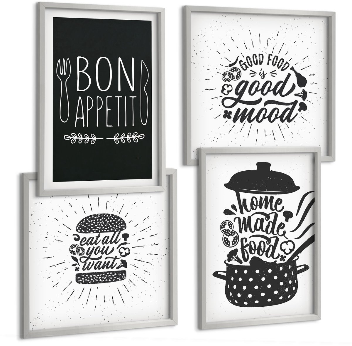 Coloray 4-Delige Schilderij Set - Voedselafbeeldingen En Culinaire Slogans - 40 x 40 cm En 40 x 60 cm - Muurdecoratie - Wanddecoratie - Hal - Stijlvolle Muurdecoratie