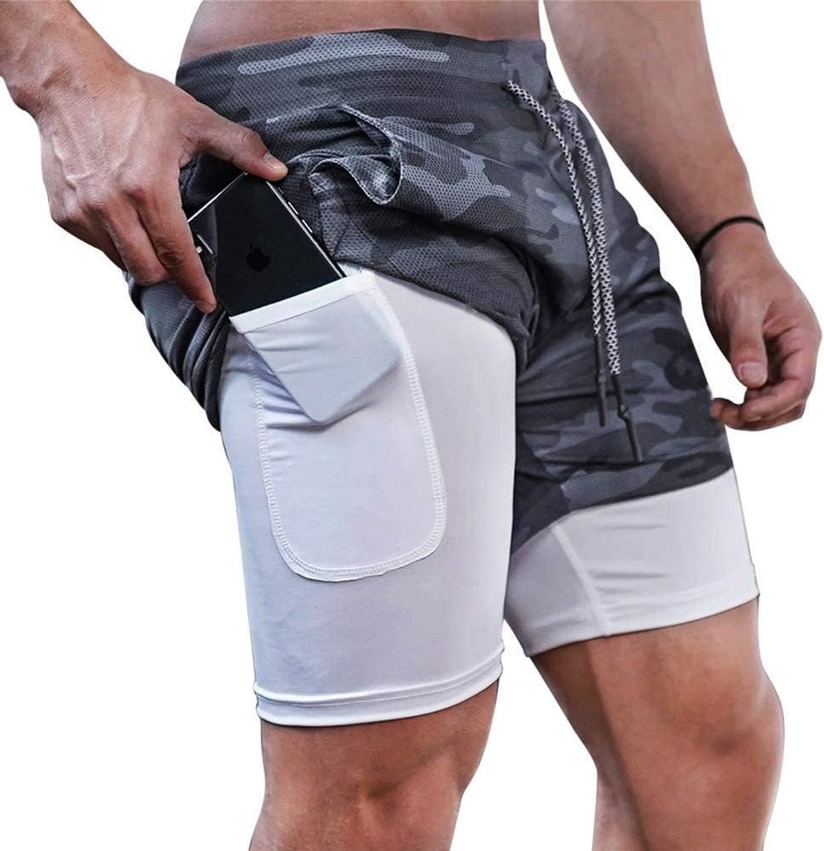 Shorts heren 2-in-1 trainingsshorts zomer korte broek sneldrogende hardloopshort sportbroek met zakken compressieshort