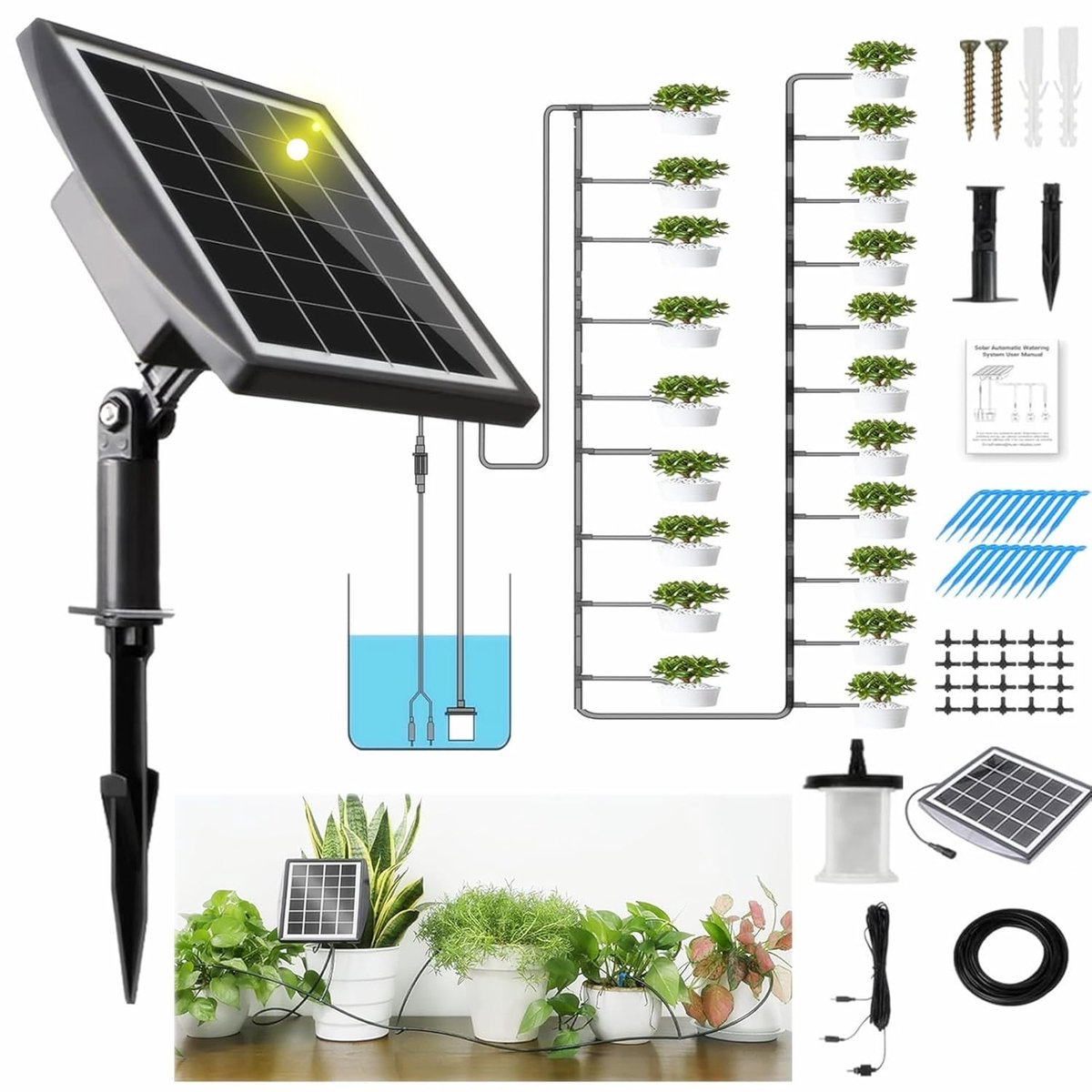 Irrigatiesysteem op zonne-energie - 20 meter slang - Waterdicht met 12 timermodi - Voor tuin, balkon en potplanten