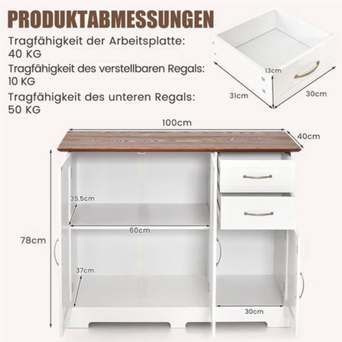 Dressoir – Dressoirs – Opbergkast – Ladekast – TV-kast – Wit – 100 x 40 x 78 cm – Verstelbare plank – Waterafstotend MDF