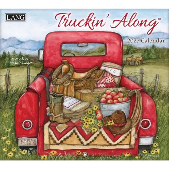 Een rode pick-up truck met een zadel, laarzen en appels in de laadbak, met "Truckin' Along 2027 Calendar" erop.