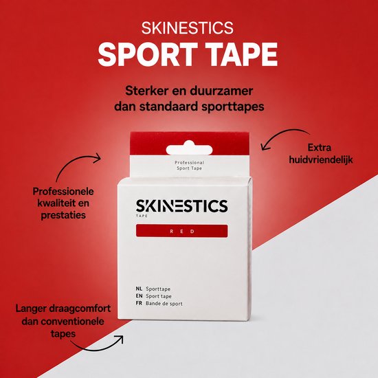 Witte Skinestics verpakking voor rode sporttape, met tekst over professionele kwaliteit, langdurig draagcomfort en huidvriendelijkheid.