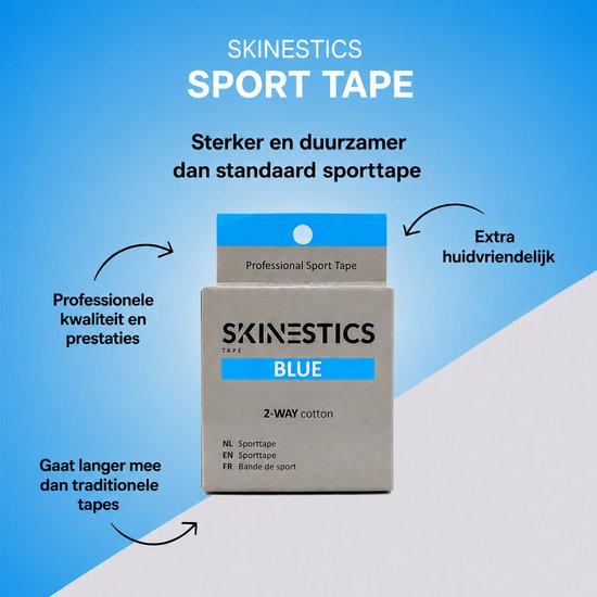 Verpakking blauw 'SKINESTICS SPORT TAPE' met tekst "Sterker en duurzamer dan standaard sporttape".