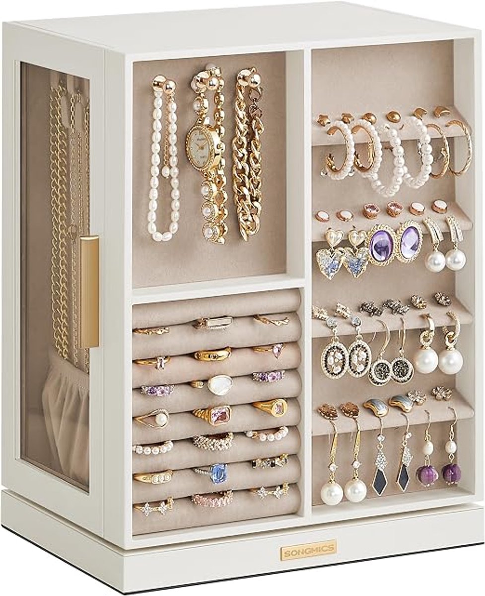 Draaibare Sieradendoos 360 Graden met 5 Laden en Glazen Zijpaneel Verticale Sieraden Organizer Open Ontwerp Wit