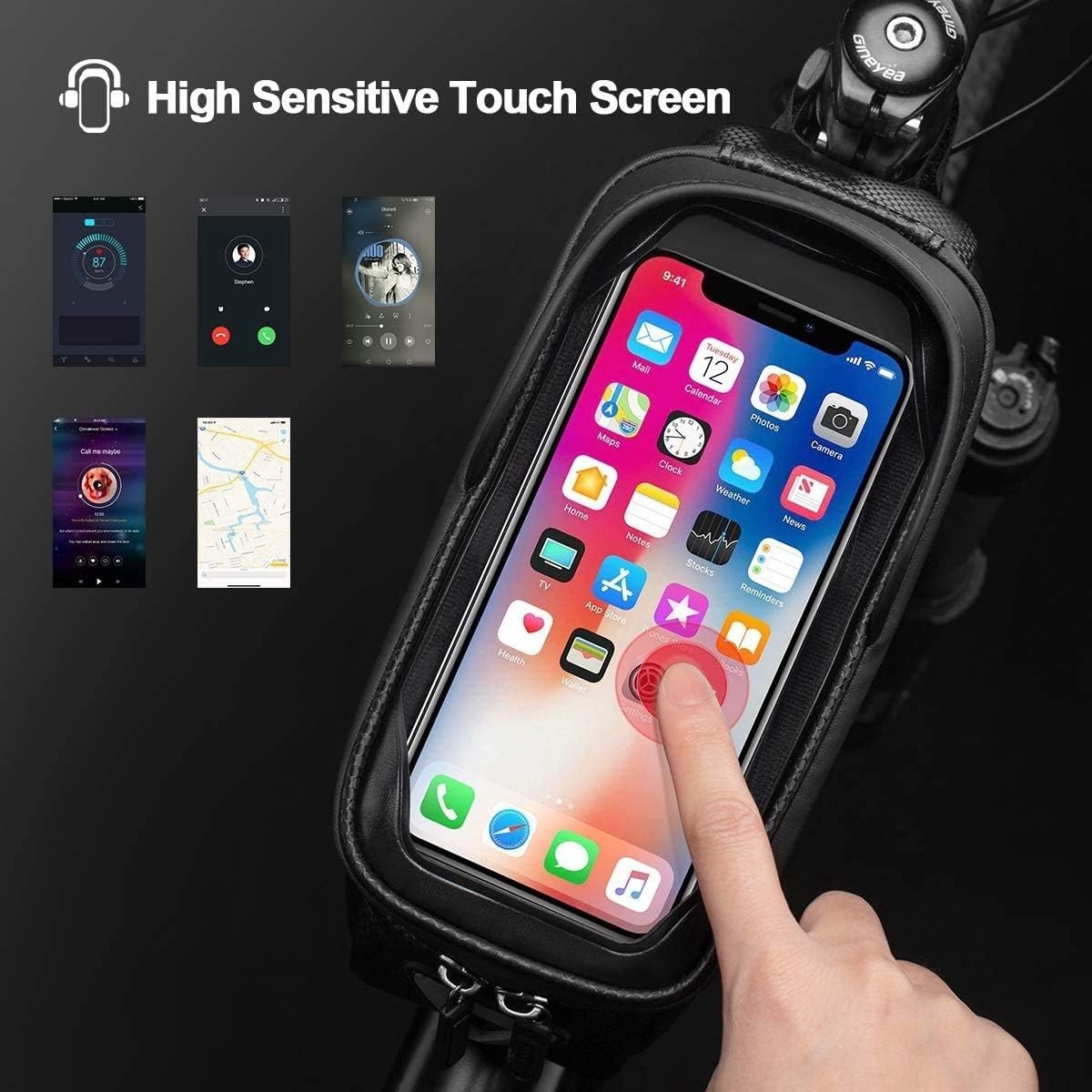 Fatbike accessoires - Zwart - 24 x 10 x 8,2 cm - Waterdichte Fietsframetas met TPU Touchscreen - Voor Smartphones tot 6,8 inch