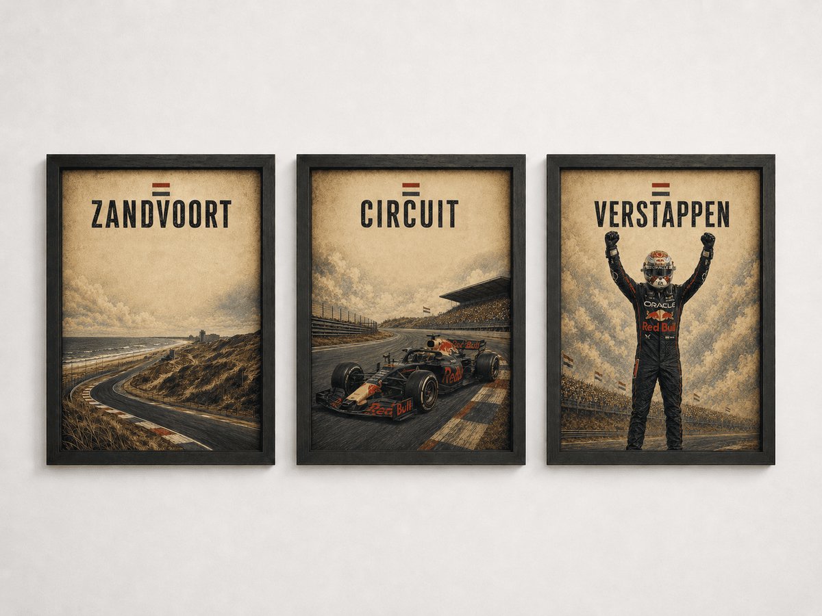 Max Verstappen Poster Drieluik | Zandvoort Formule 1 Posterset | 3x A4 Inclusief Zwarte Lijsten | F1 Wanddecoratie
