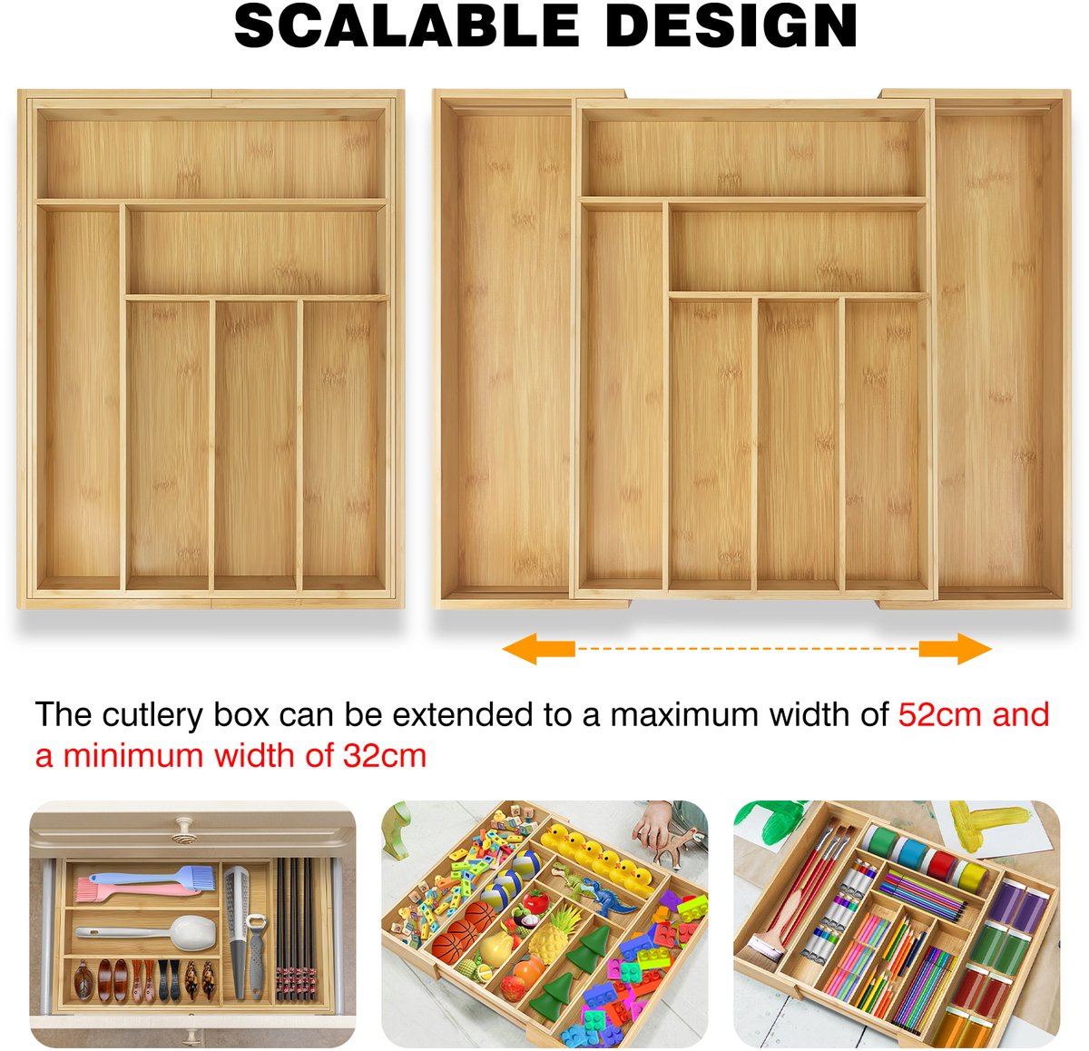 Mura Bestekbak - Lade Organizer - Besteklade - Bestekhouder - Cutlery Tray - Uitschuifbaar Formaat - 6-8 Opbergvakken
