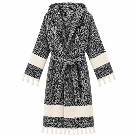 Fabric Box Badjas Dames & Heren – 100% Katoen – Hamam Peshtemal Badjas – Met Capuchon & Sjaalkraag – Franjes – Absorberend & Lichtgewicht – Halflange Badjas – Sauna, Spa & Wellness