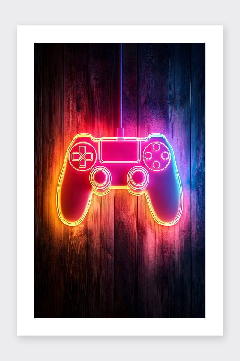 Neon Poster - Game Controller - Modern - Speelgoed - Technologie - posters - formaat 30x40cm - Wanddecoratie - BXS4021MT - Met kader - passe-partouts stijl
