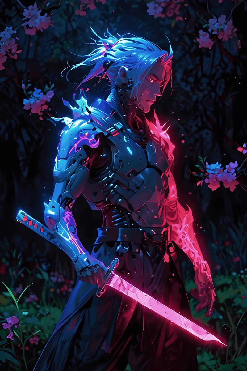 Samurai Poster - Neon - Biomech - Strijd - Sci-Fi - Futuristische - posters - formaat 70x100cm - Wanddecoratie - L2757MT
