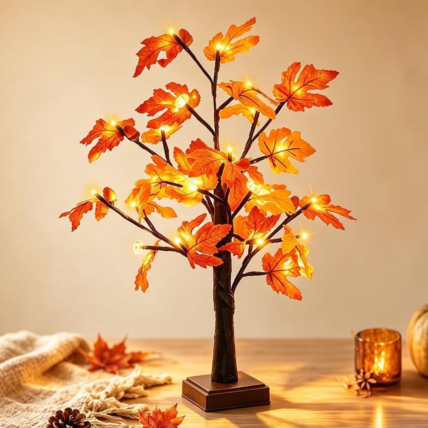 Herfst decoratieve lichtboom, 24 leds, esdoorn boomlicht met timer, 60 cm kunstmatige led-boomlamp met hazelnoten en - ShopVlot