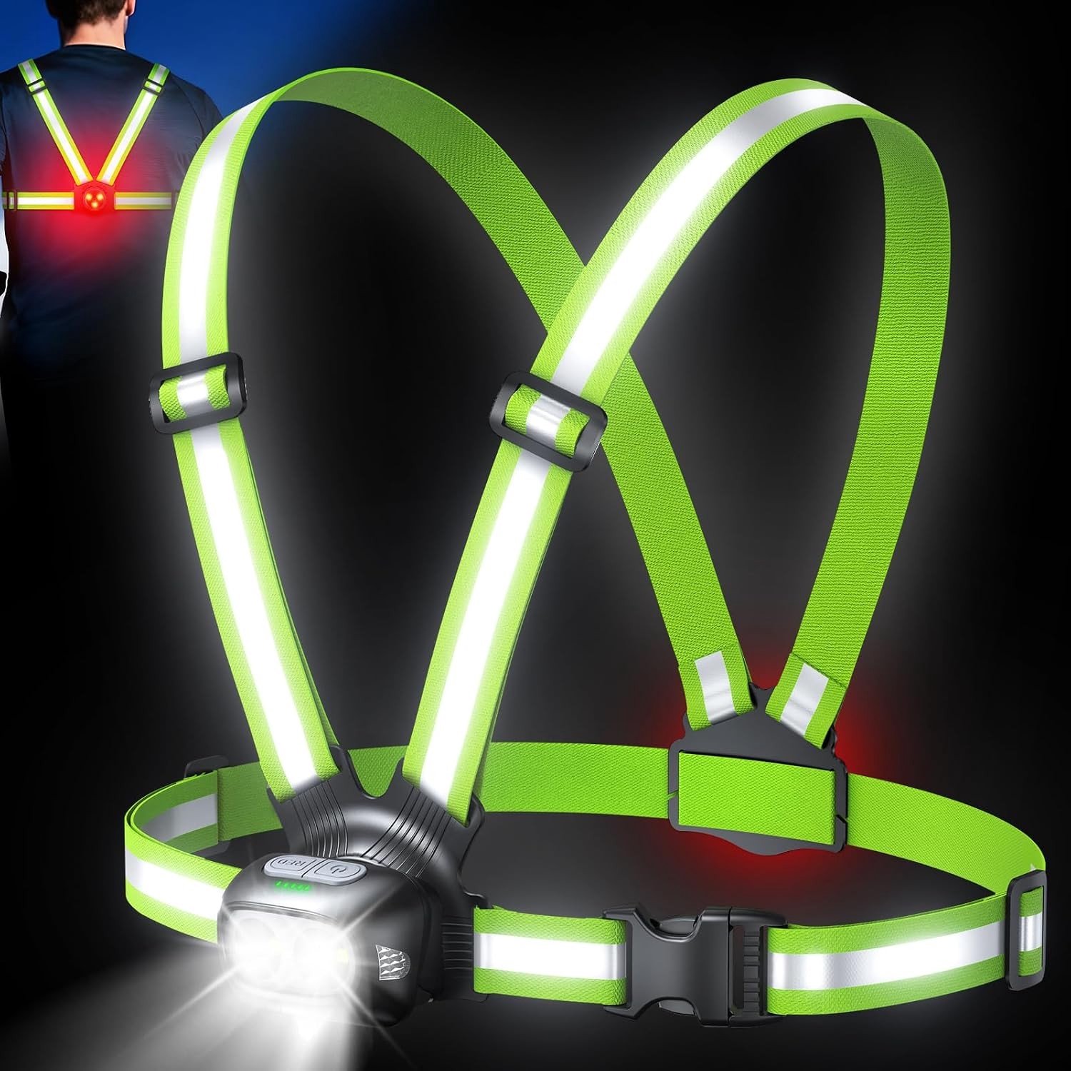 Oplaadbare hardloopverlichting met achterlicht, 500LM, 9 modi, 45° verstelbare lichtstraal, IPX4 waterdicht, 360° reflecterend vest voor hardlopen en wandelen