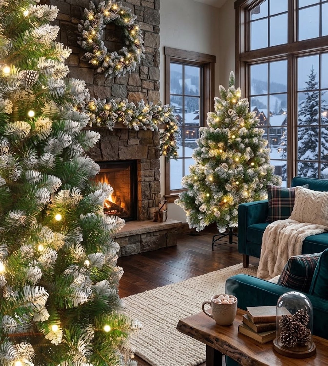 150 cm Kunstkerstboom met LED Verlichting, Sneeuweffect & Dennenappels, PVC Kerstboom, Metalen Standaard, Voor Kerstdecoratie