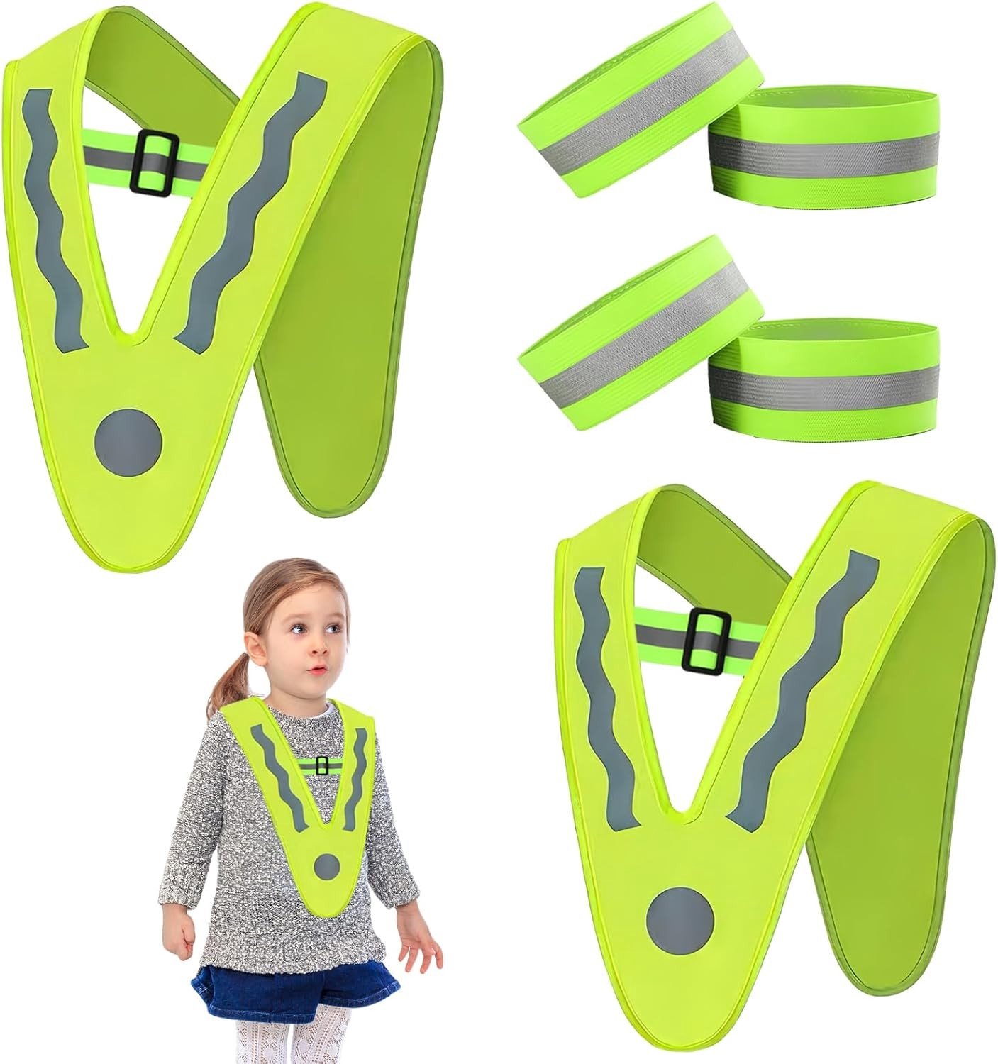 Veiligheidsvest voor Kinderen met Reflecterende Strepen - V-vormig Reflecterend Vest met 4 Reflecterende Armbanden - Perfect voor Fietsen, Hardlopen, School en Sportactiviteiten voor Kinderen van 2-12 Jaar