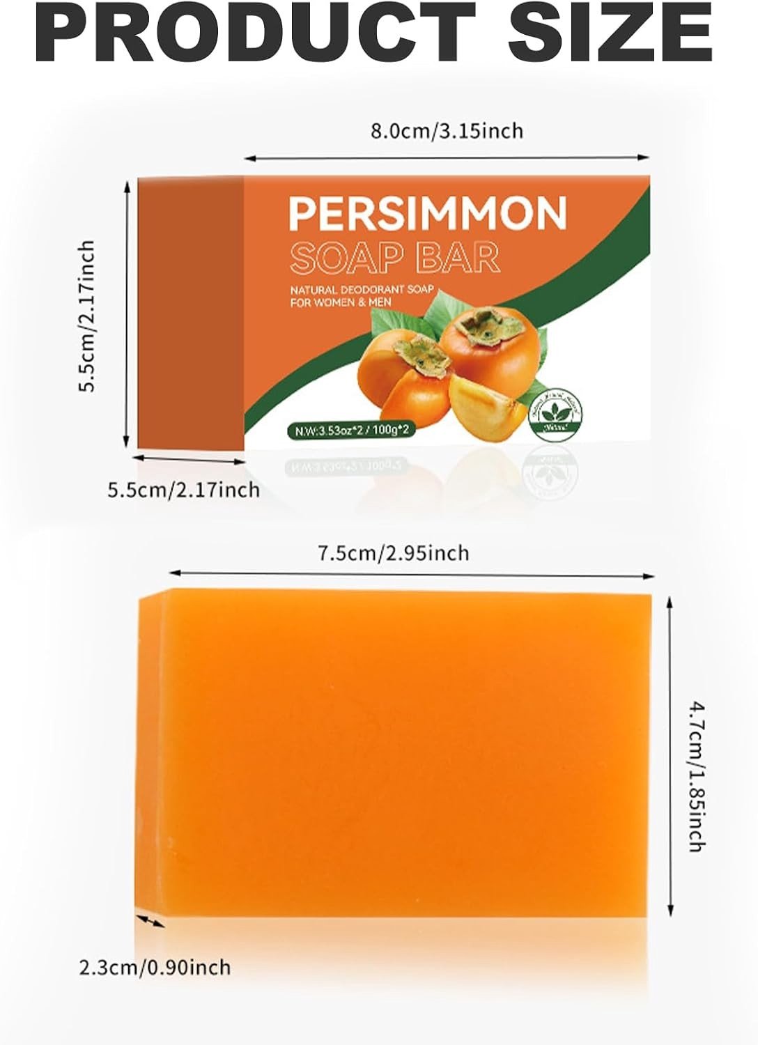 Natuurlijke presimmon zeep met groene thee en kokosolie, 2 x 100 g, voor gezicht en lichaam, exfoliërend en verzachtend, unisex verzorging