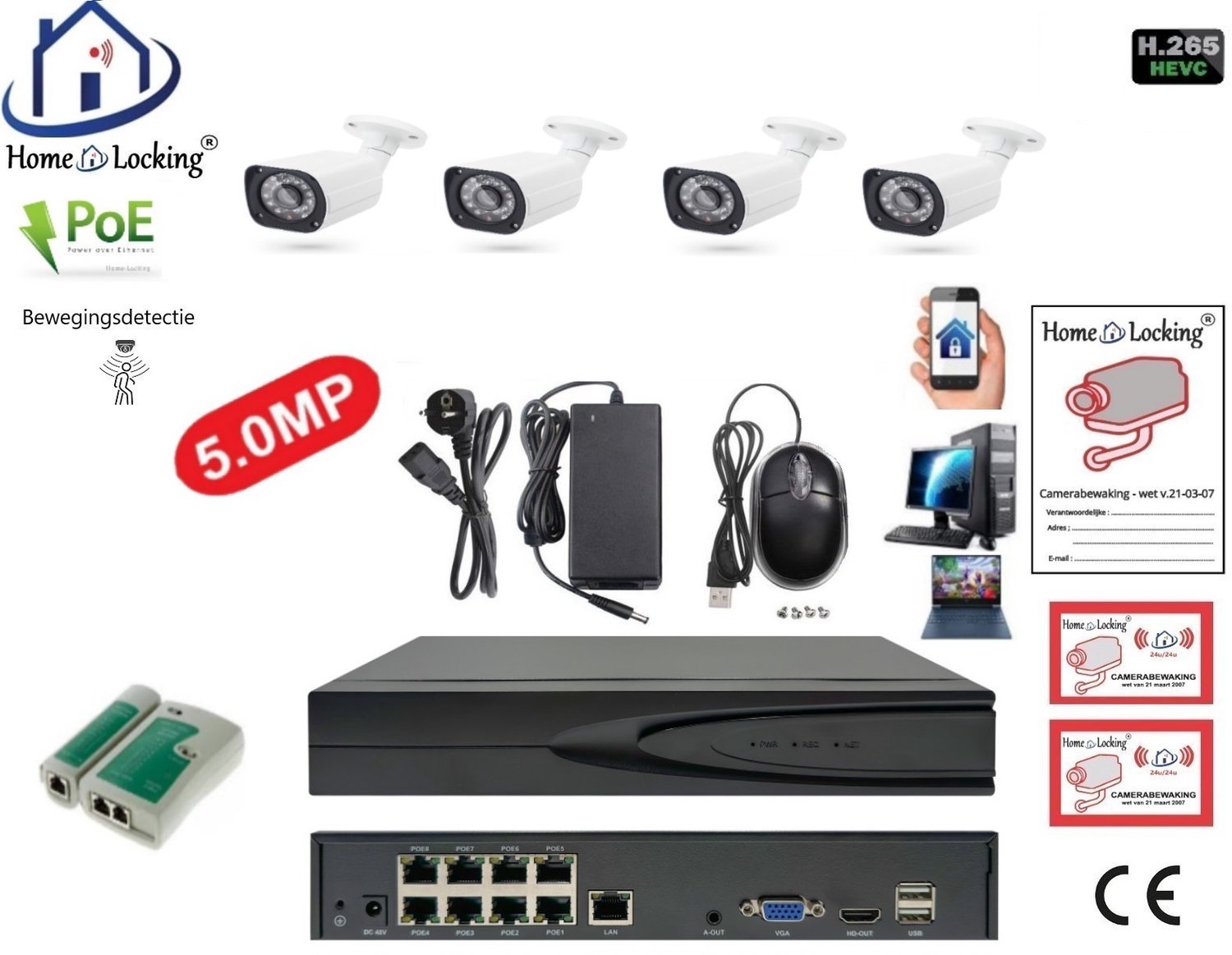 Home-Lock IP-camerasysteem H265 poe 4 x 1080P set 1