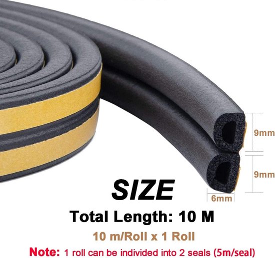 Zelfklevende Dichtband voor Deuren en Ramen, Geluiddempende Rubber Foam Strip, Isolatie en Energiebesparing, 10 Meter, Zwart — afbeelding 5