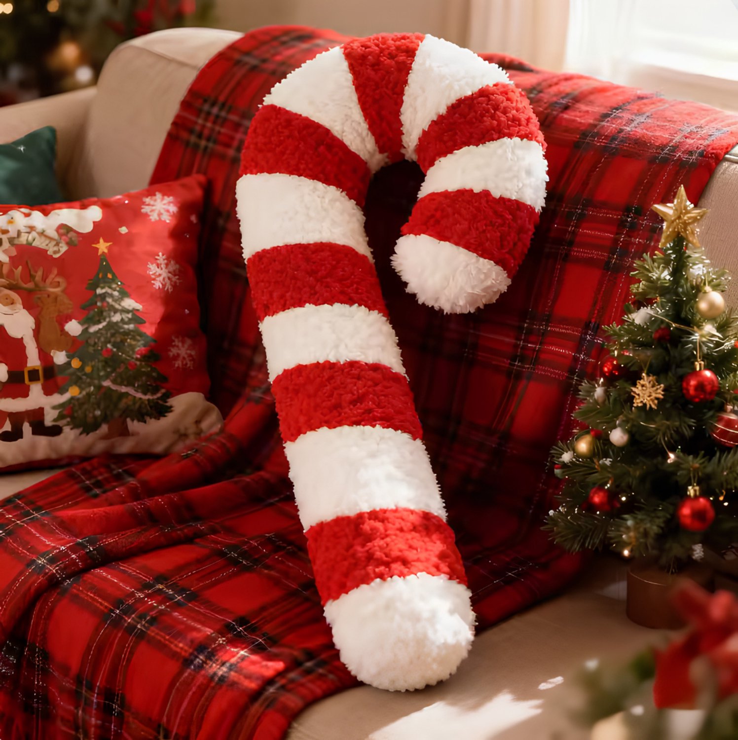 Norvia - Kerst Sierkussen - Candy Cane Vorm - Zacht Pluche Kussen - Kerstdecoratie voor Woonkamer en Bank - Comfortabel Kerstkussen – foto 7