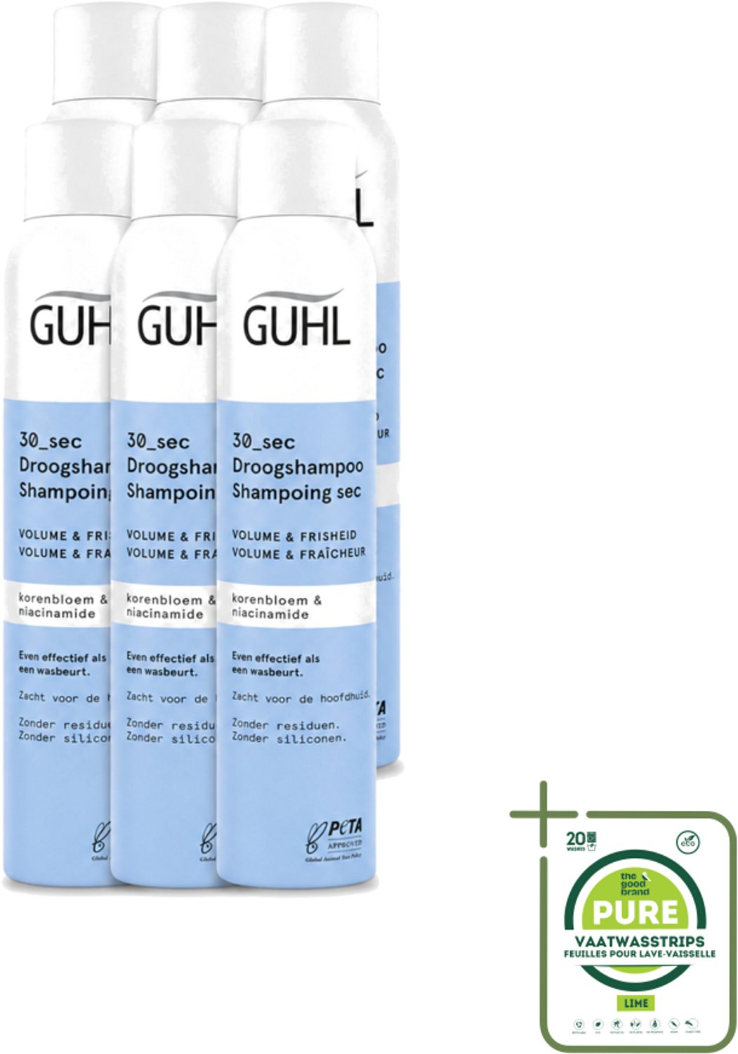 6 x Guhl – Droogshampoo – Volume & Frisheid 30 sec – 200 ml - Grootverpakking - Vaatwasstrips - Droogshampoo - Volume En Frisheid - Snel Resultaat - Korenbloem - Niacinamide