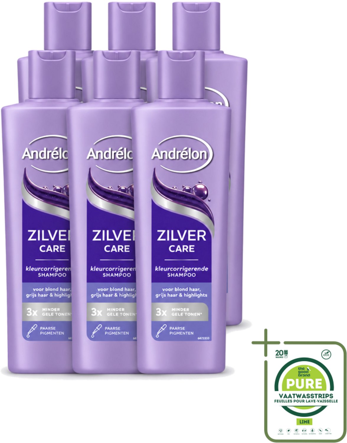 6 x Andrélon – Shampoo – Zilver Care – 250 ml - Grootverpakking - Vaatwasstrips - Zilver Care Shampoo - Koele Haarkleur - Kleurcorrectie - Gele Tonen - Koperkleurige Tonen