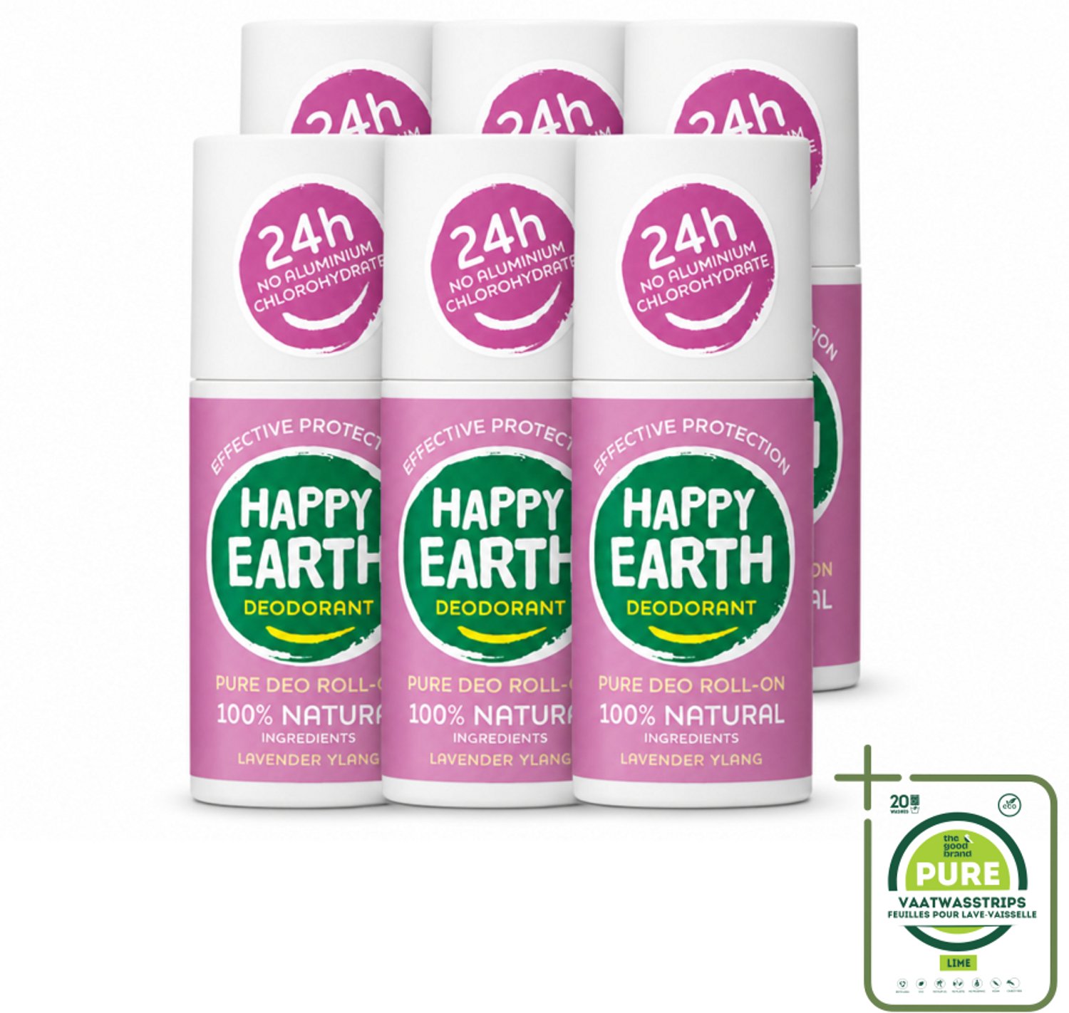 6 x Happy Earth – Deodorant Roll-On – 100% Natuurlijk Lavender Ylang – 75 ml - Grootverpakking - Natuurlijke Deodorant - Frisse Geur - Lavendel - Ylang-ylang - Huidvriendelijk