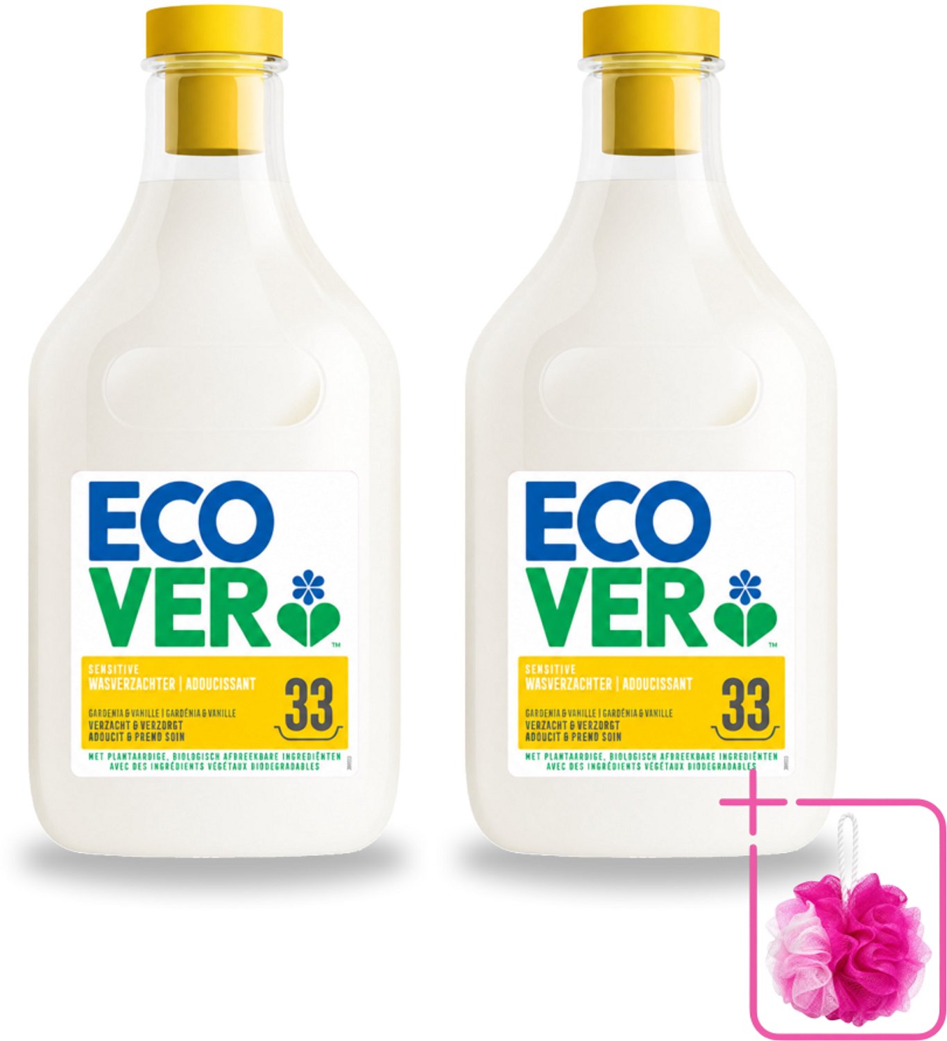 2 x Ecover - Wasverzachter - Gardenia - 1 liter - 33 wasbeurten - Bulkverpakking - Wasverzachter - Douchemop - Wasverzachter gardenia en vanille