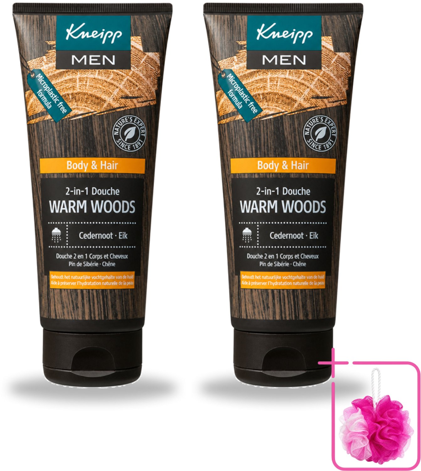 2 x Kneipp - Douchegel - Men - Warm Woods - 2-in-1 - 200 ml - Bulkverpakking - Douchegel voor mannen - Douchemop - Natuurlijke verzorging