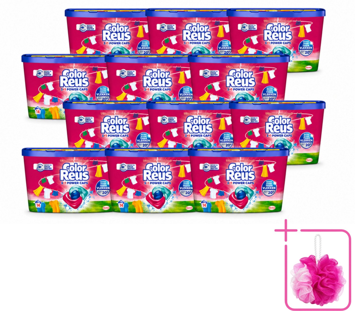 12 x Color Reus - 3+1 Power Caps - Gekleurde Was - 14 Wasbeurten - Bulkverpakking - Kleurbehoud - Douchemop - Wasmiddelcapsule