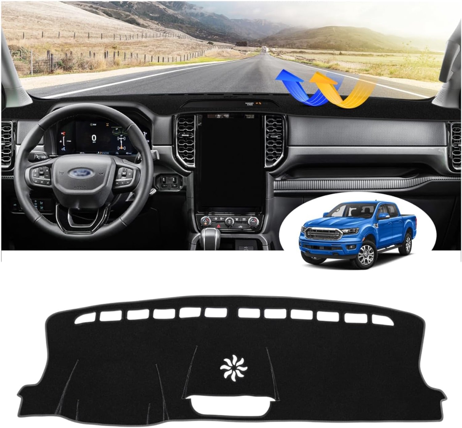 Cartist Dash Cover Compatible with Ford Ranger 2024 2025 Dashboard Cover Mat for Ford Ranger Accessories Non-Slip Carpet Sunshield Glare UV Rays Protector