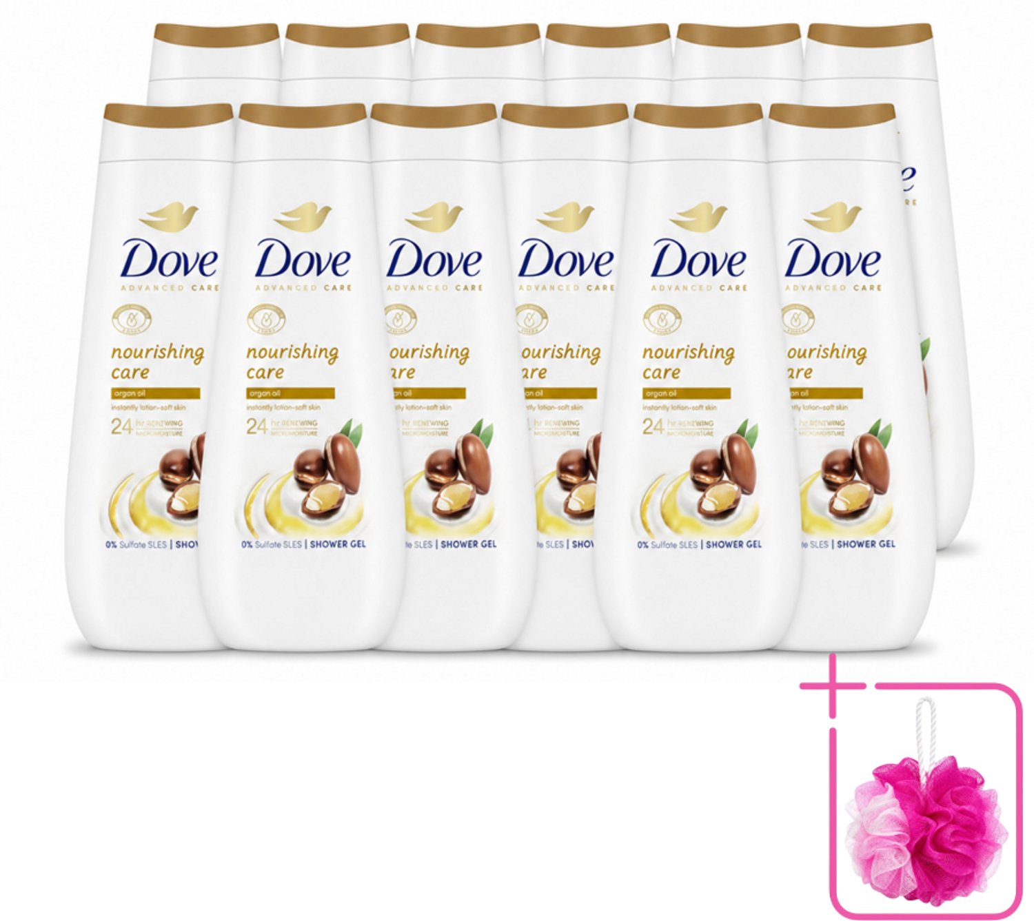 12 x Dove Douchecrème - Nourishing Care - Arganolie - 400 ml - Bulkverpakking - Douchegel - Douchemop - Huid verzorging