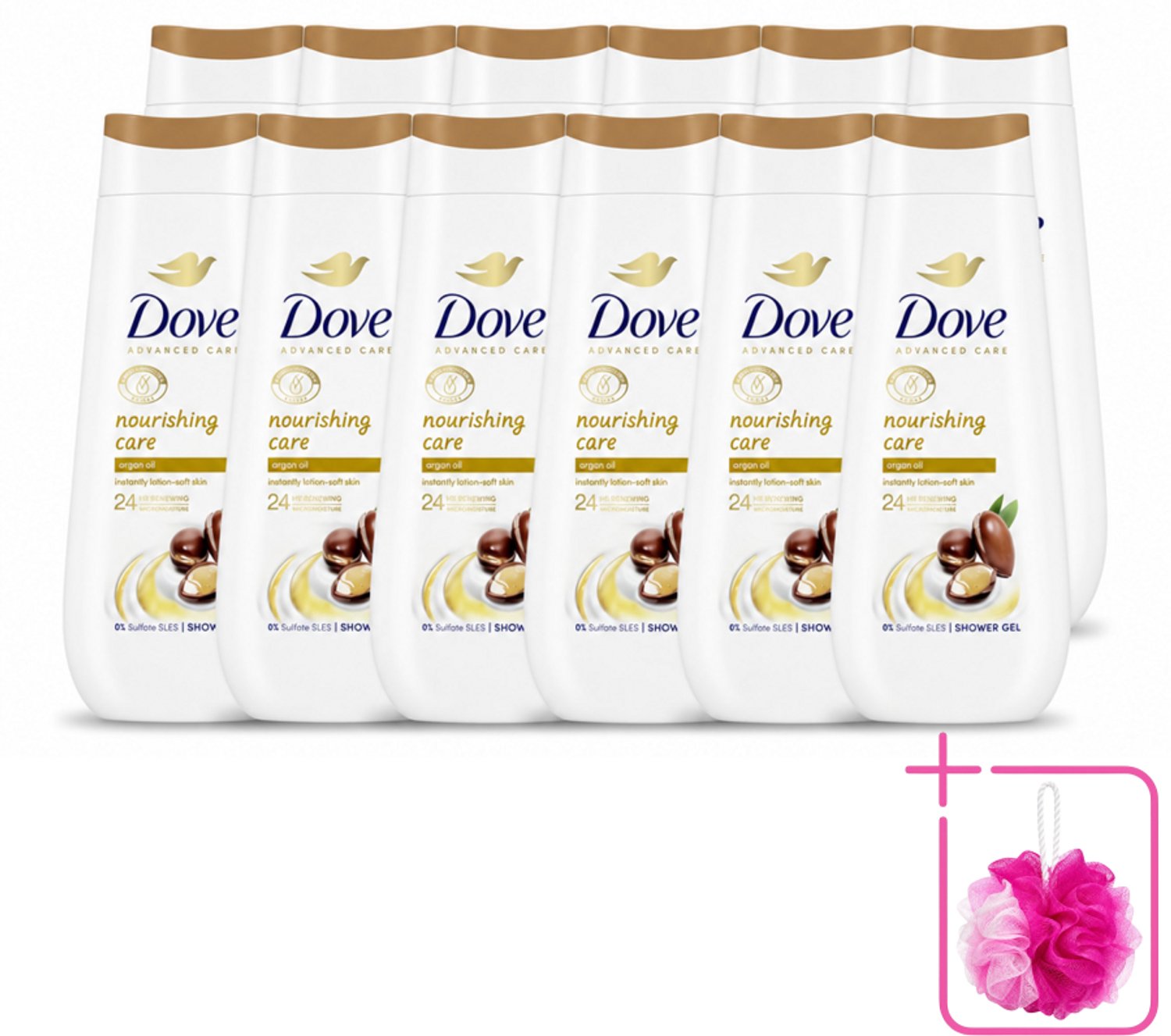 12 x Dove Douchecrème - Nourishing Care - Arganolie - 225 ml - Bulkverpakking - Douchegel - Douchemop - Voedende huid