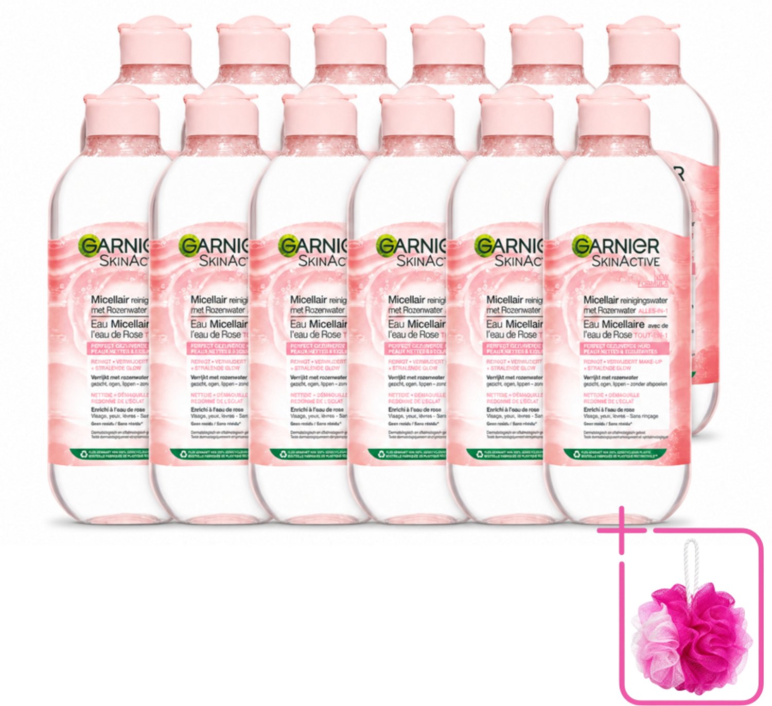 12 x Garnier - SkinActive - Micellair Reinigingswater - Rozenwater - Stralende Huid - 400 ml - Bulkverpakking - Micellair reinigingswater - Douchemop - Rozenwater